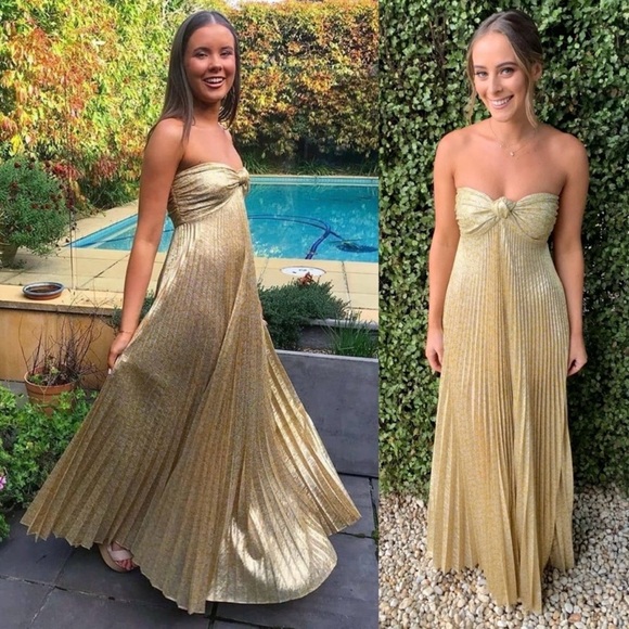 NWOT Alexis Joya Pleated Strapless Metallic Gold Lame Maxi Dress RARE Size XS - Picture 2 of 10